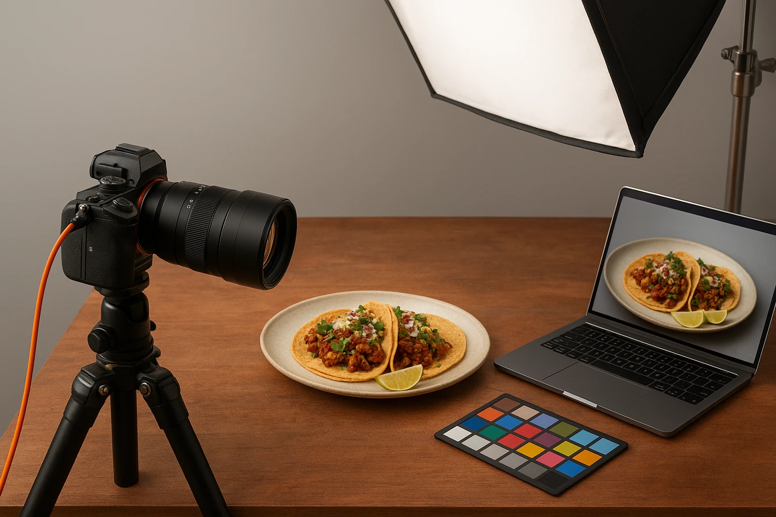 Restaurant marketing manager reviewing a mix of real food photos and AI-generated dish concepts on a laptop and phone.