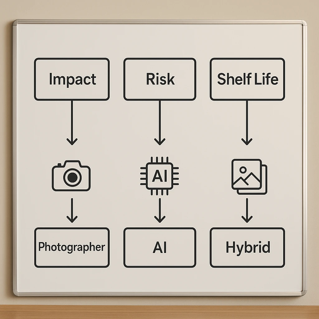 Simple decision flowchart showing paths for hiring a food photographer, using AI, or combining both based on impact and risk.