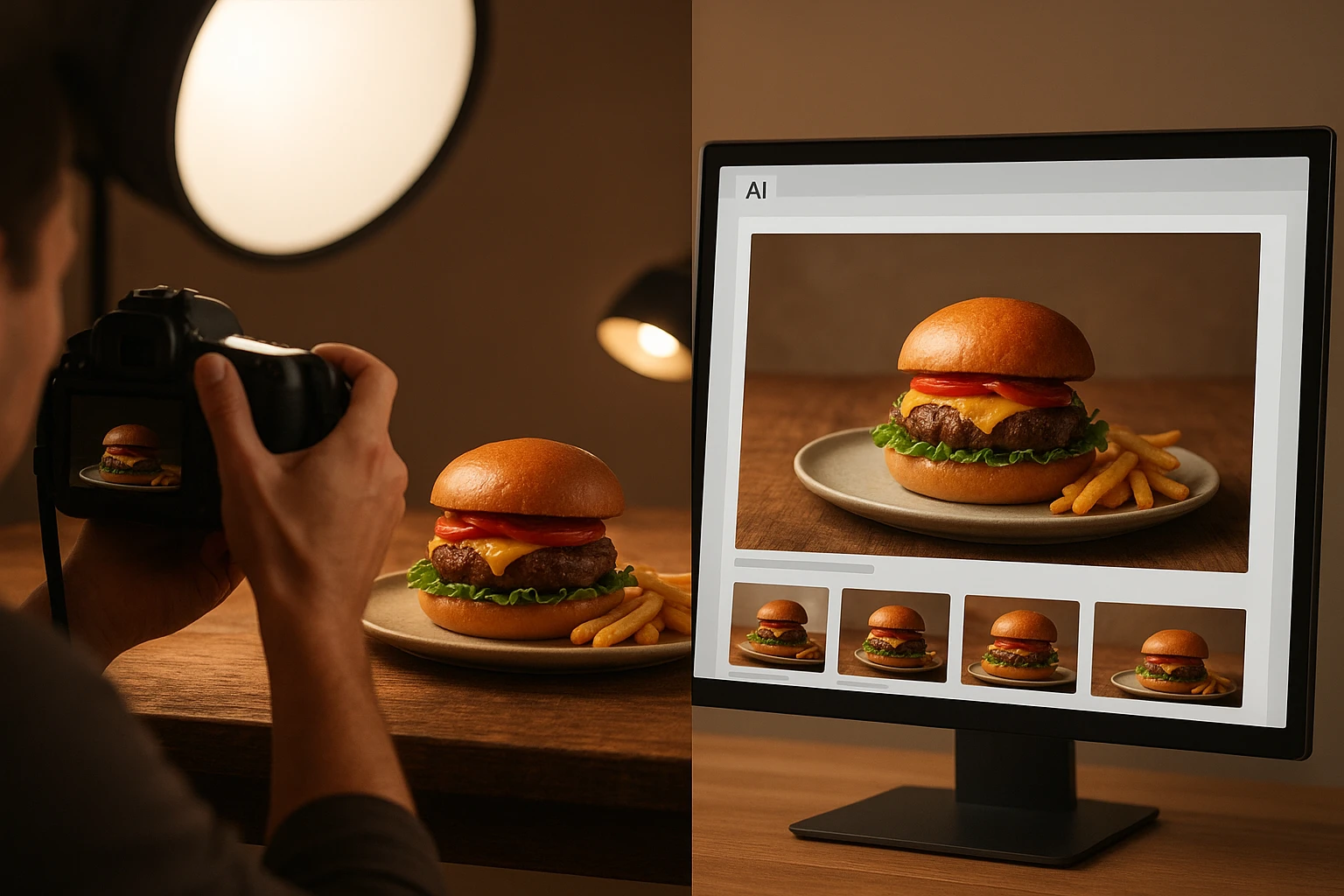 Side-by-side view of a real food photo shoot and an AI tool interface creating variants from the captured dish.