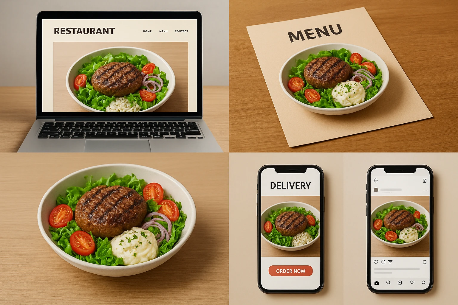 Grid of different marketing channels-website, menu, delivery app, social-each displaying consistent hero images of the same dish.