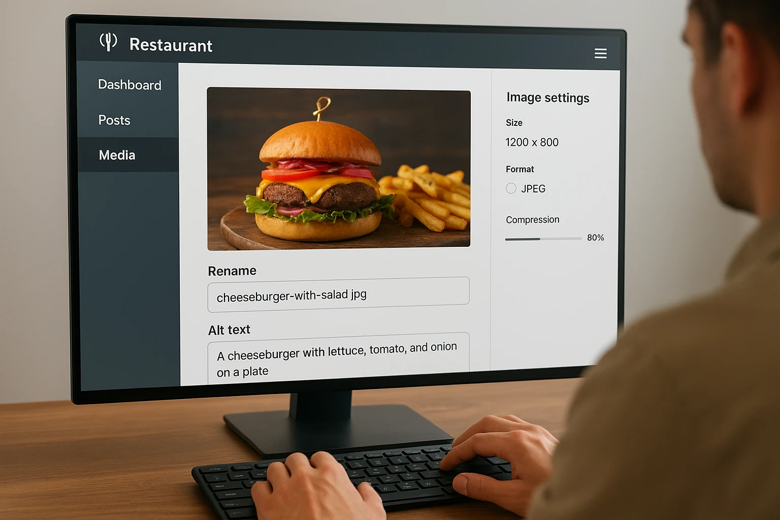 Close-up of a computer screen showing file renaming, alt text fields, and image compression tools for restaurant photos.