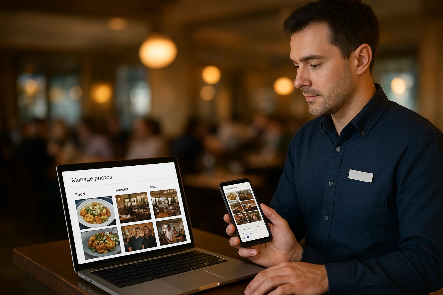 Restaurant manager uploading new food and interior photos to their Google Business Profile on a laptop and phone.