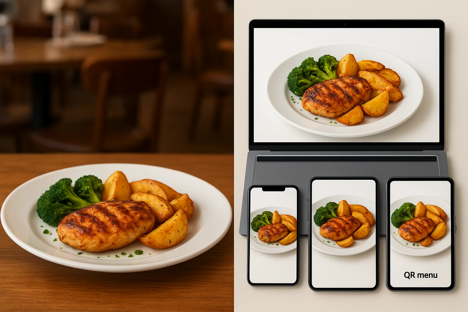 Side-by-side comparison of a real restaurant dish photo and multiple AI-styled variations on different marketing channels.