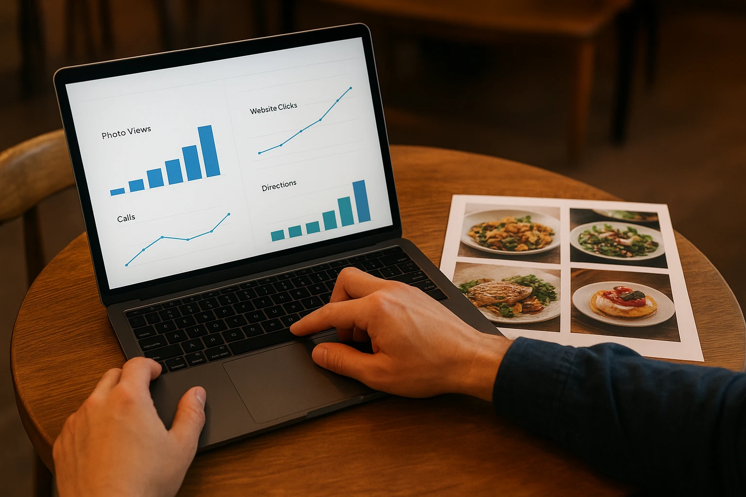 Restaurant owner reviewing charts of photo views, clicks, and directions from Google Business Profile on a laptop.