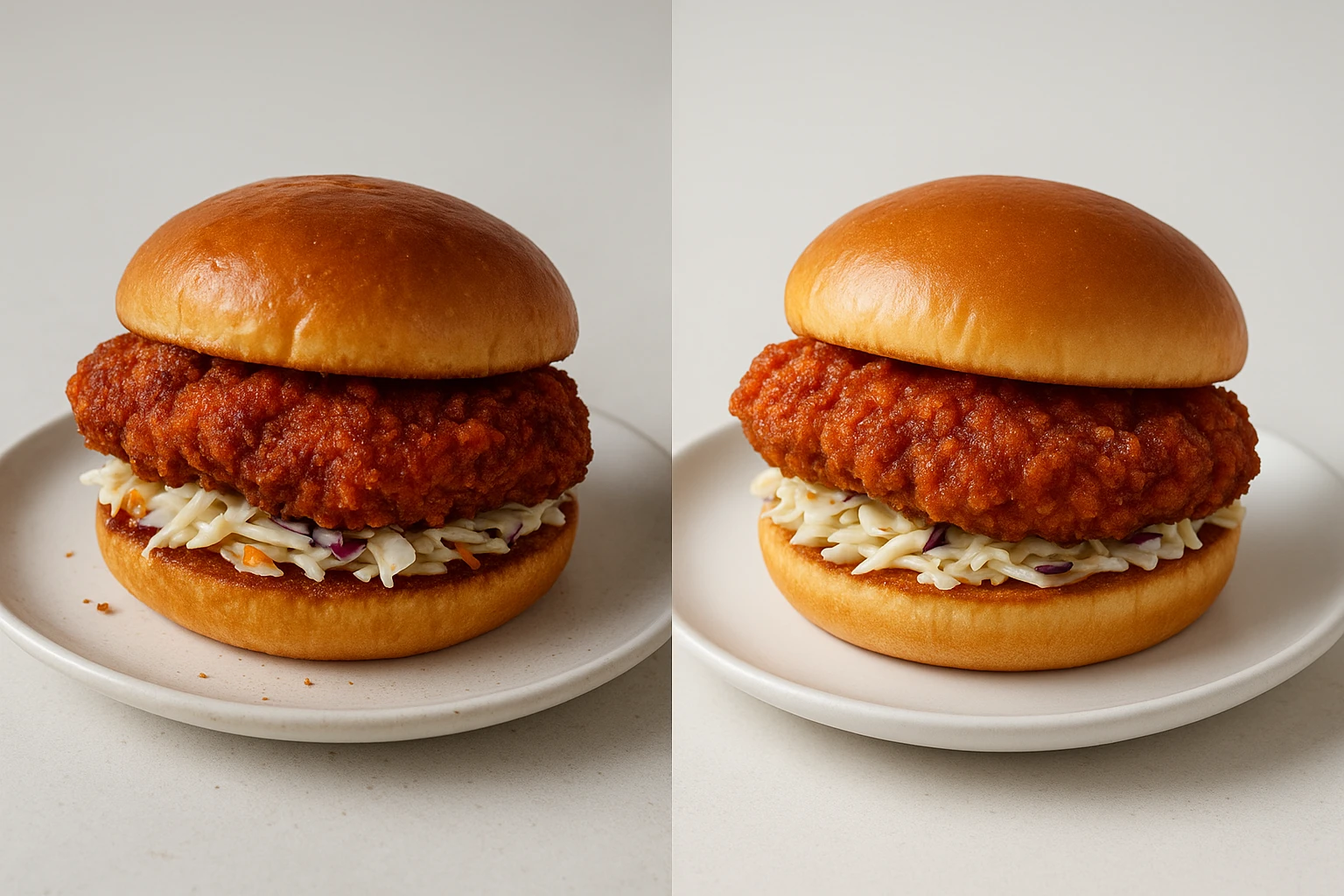 Side-by-side: real chicken sandwich vs. AI-styled version that matches the real portion and toppings