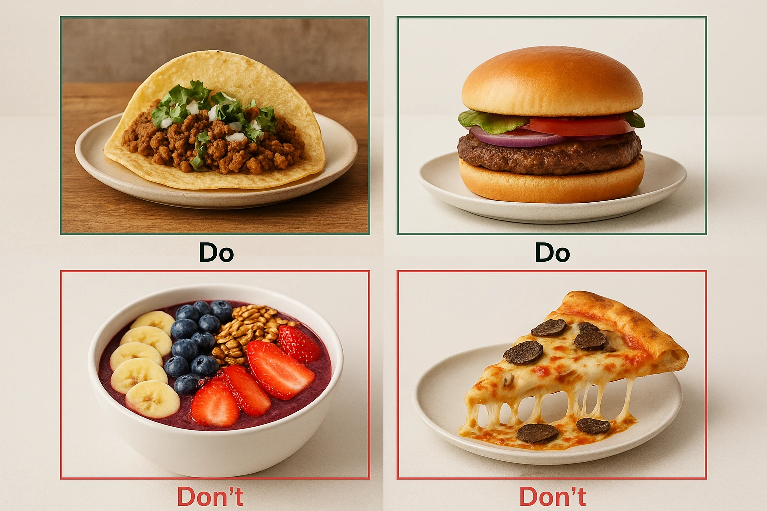 Do and Don't grid for food photos: realistic plating vs. exaggerated fantasy