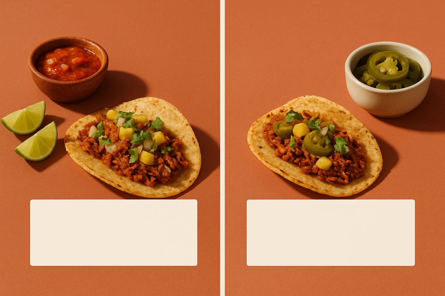 Localized taco imagery in two languages using the same branded environment, with only small garnish and prop differences.