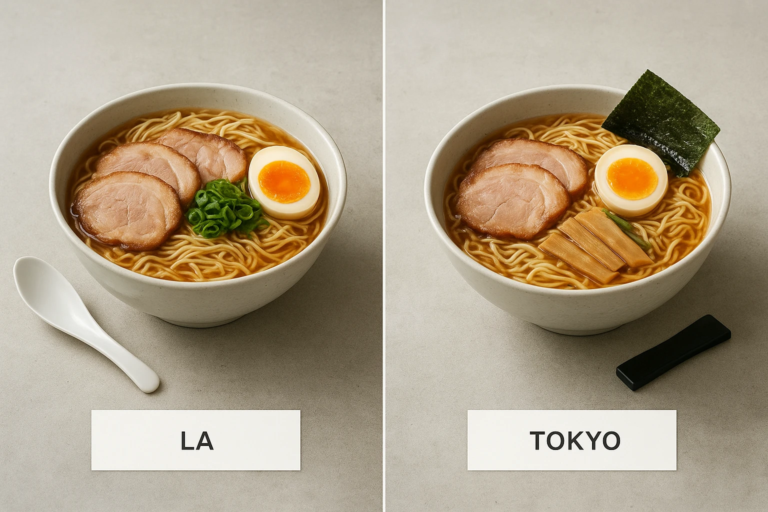 Consistent ramen imagery adapted for LA and Tokyo with minor prop changes only.
