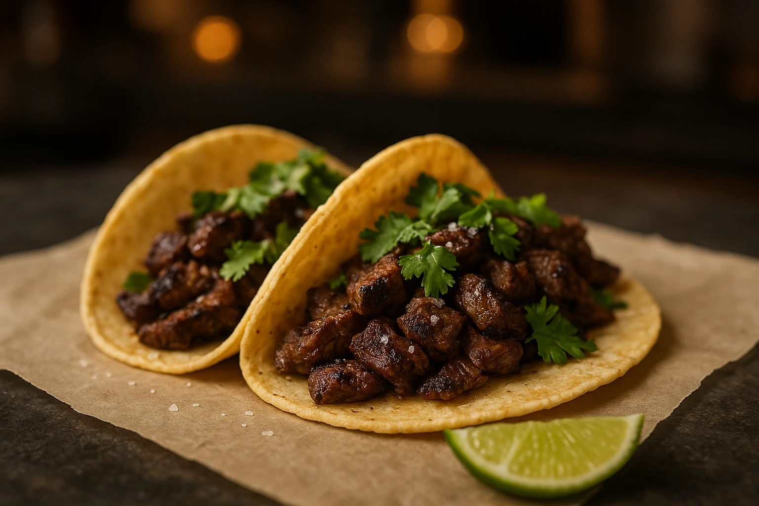 Dim kitchen photo of tacos under warm bulbs corrected to clean, natural color with visible texture and detail