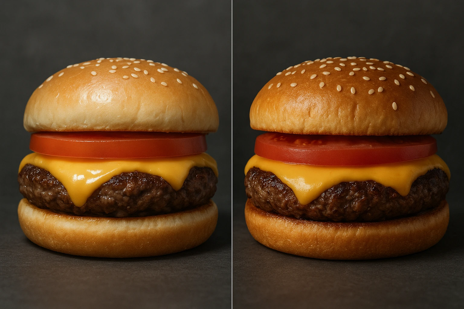 Harsh ring-light burger vs natural-looking corrected burger example