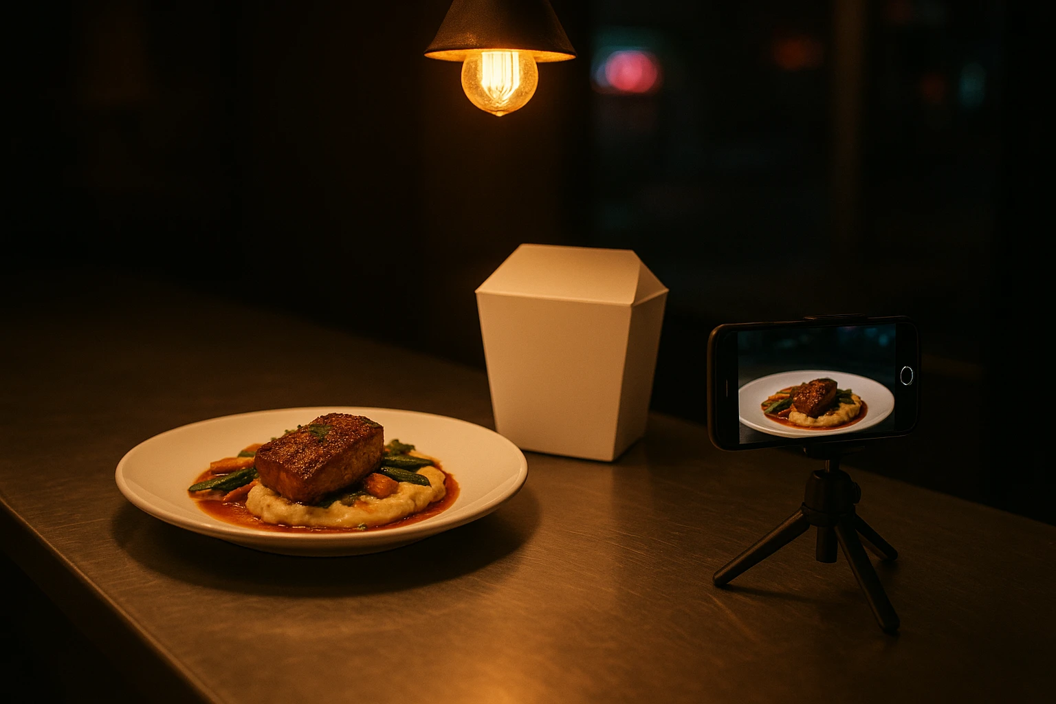 Quick low-light capture setup using a takeout box as a reflector next to a plate