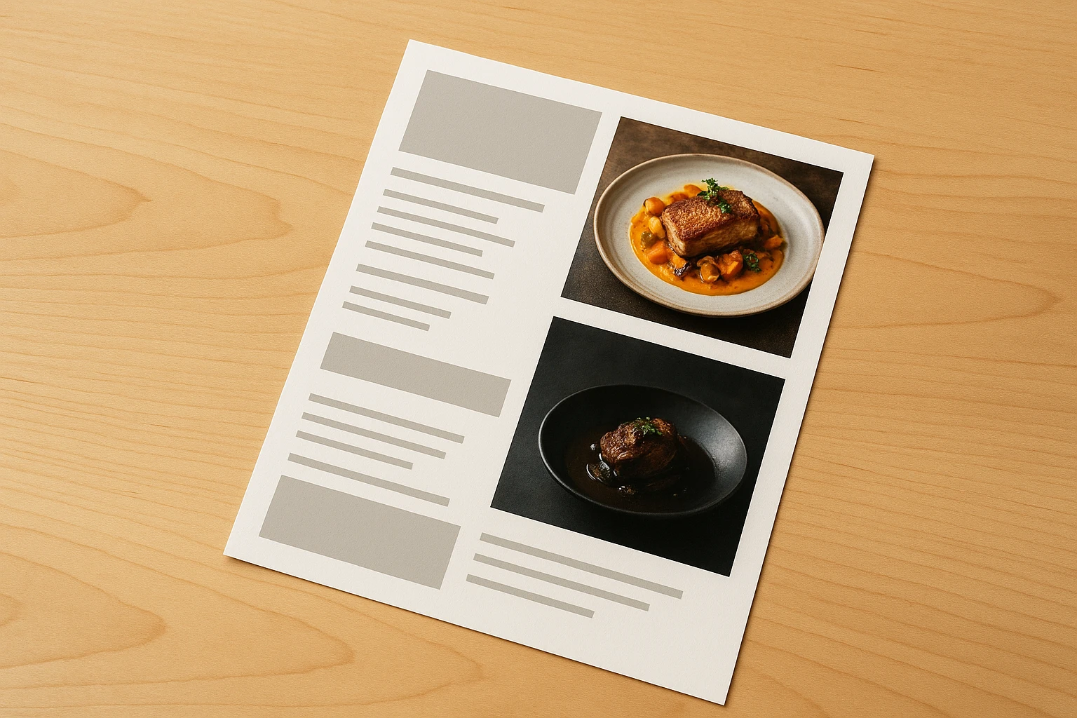 Printed menu mockup showing a high-margin dish photo placed in the top-right with warm tones and a premium decoy item nearby