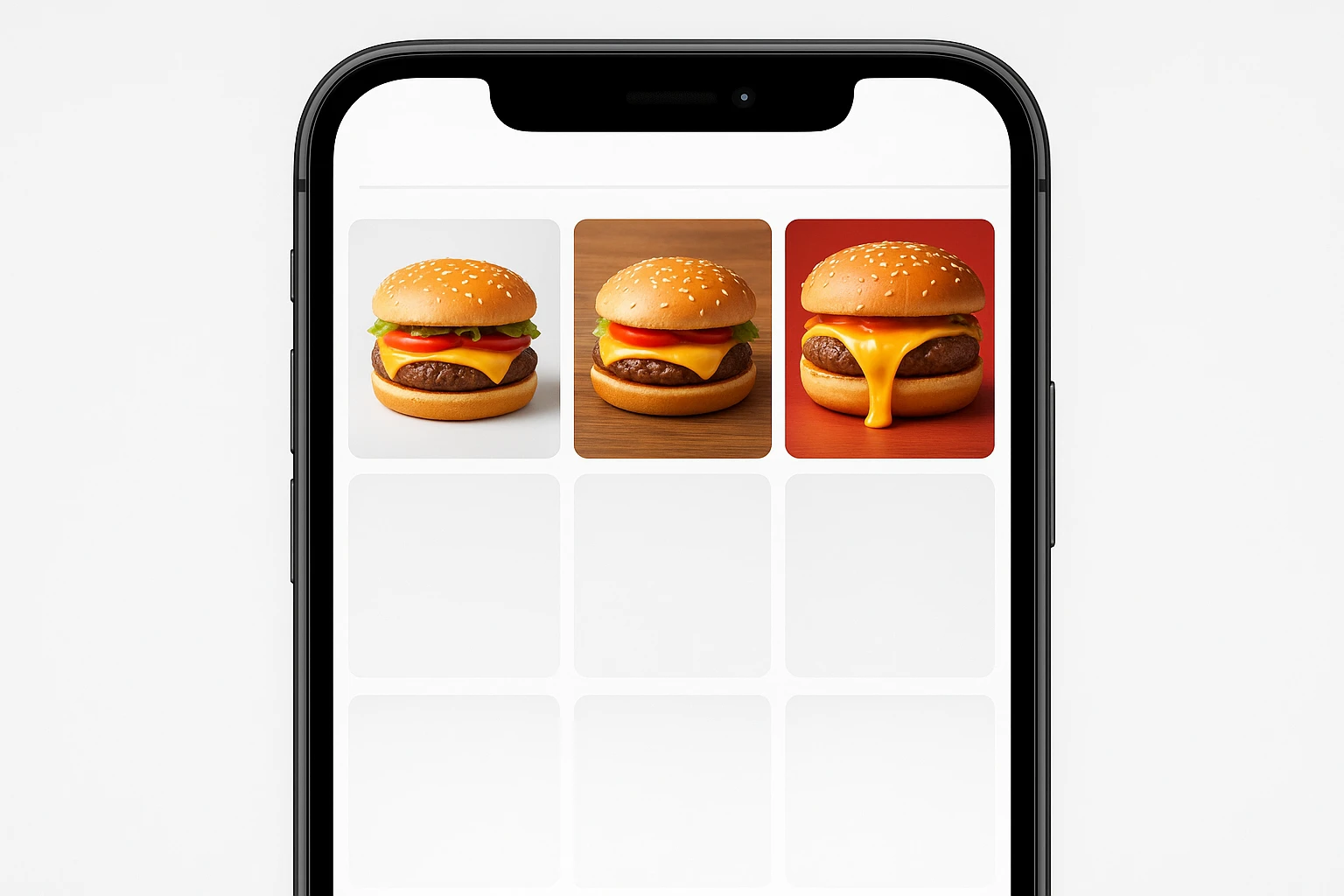 Delivery app grid mockup showing three burger tile variants with different backgrounds and crops for A/B testing