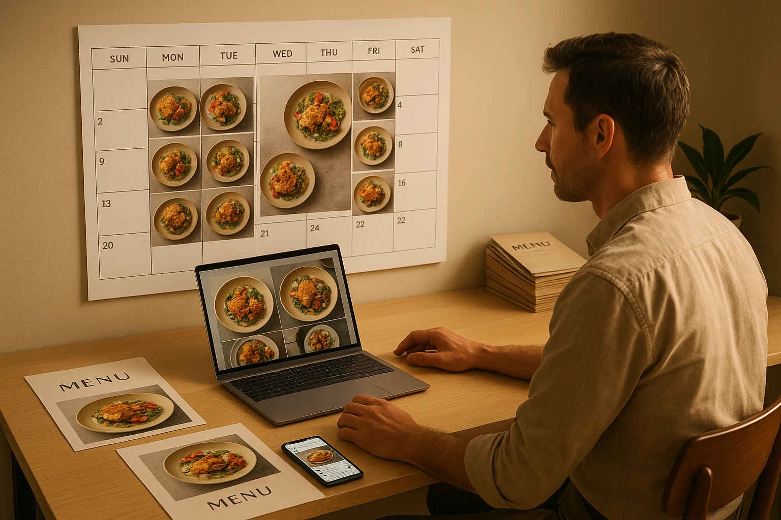 Restaurant owner reviewing a content calendar built around one signature dish displayed on multiple screens.