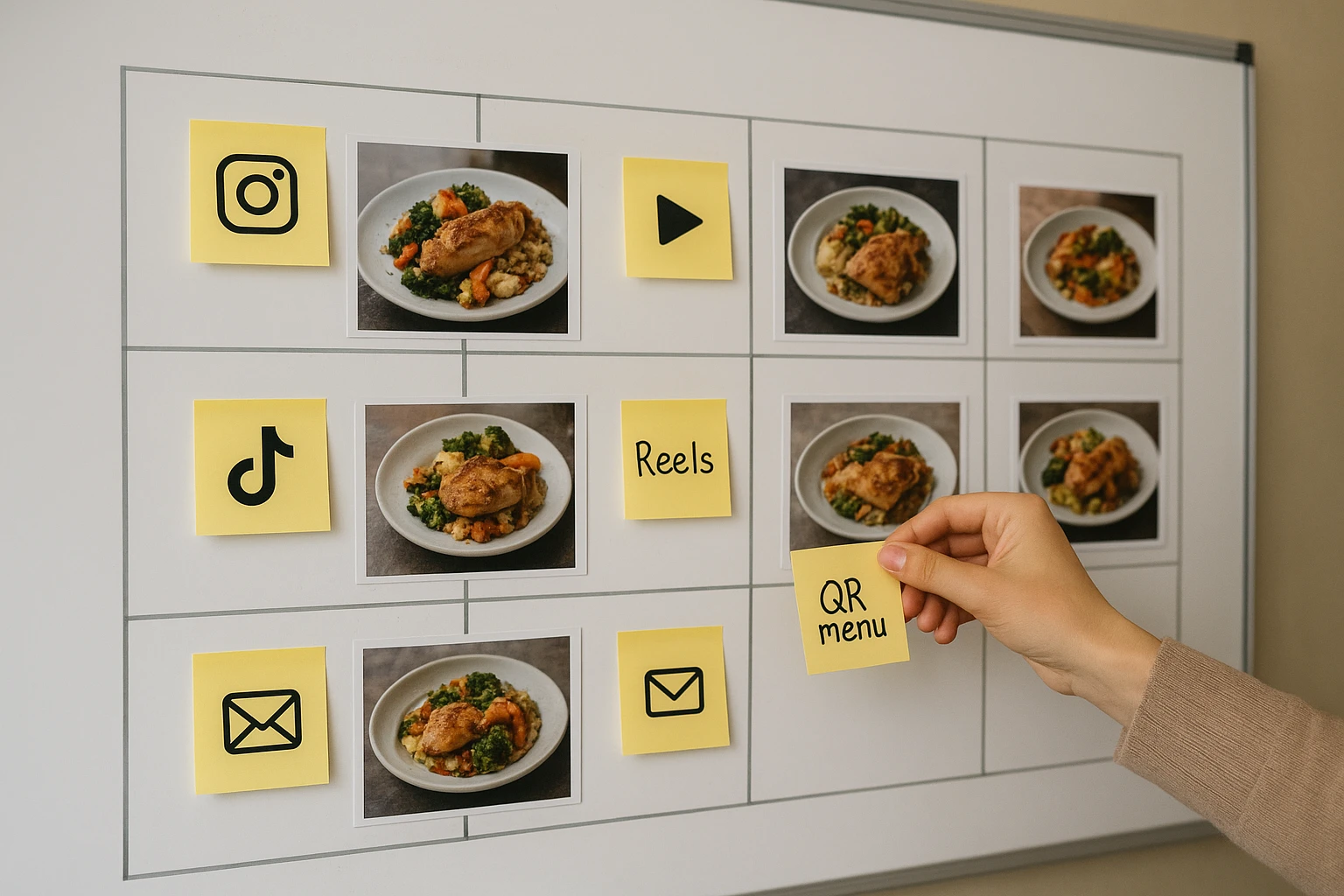 Content calendar whiteboard showing one dish turned into multiple social and menu post ideas, with icons for different channels.