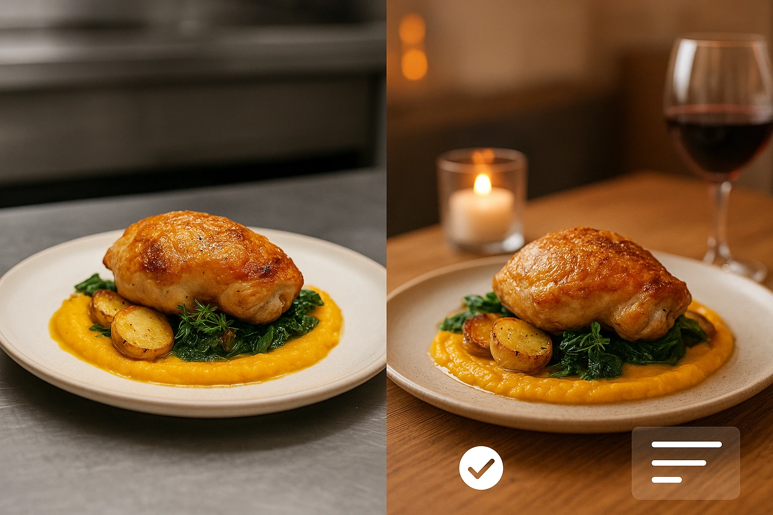 Side-by-side comparison of a real plated dish and an AI-enhanced variation that looks honest and consistent.