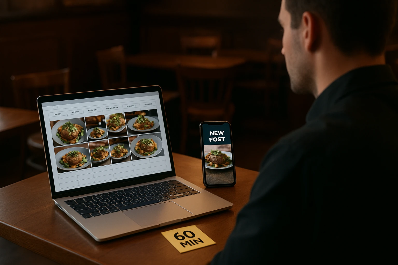 Restaurant team member sitting with a laptop and phone, batching social posts using AI images of one dish.