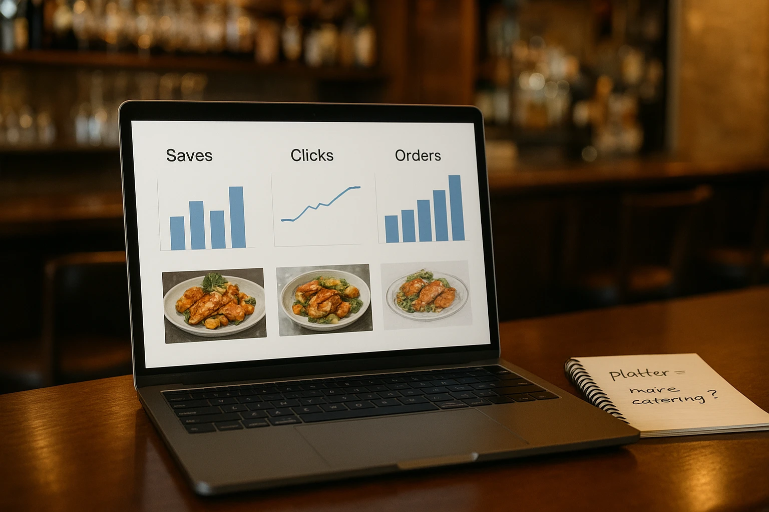 Analytics dashboard on a laptop showing performance of different food photo angles across channels.