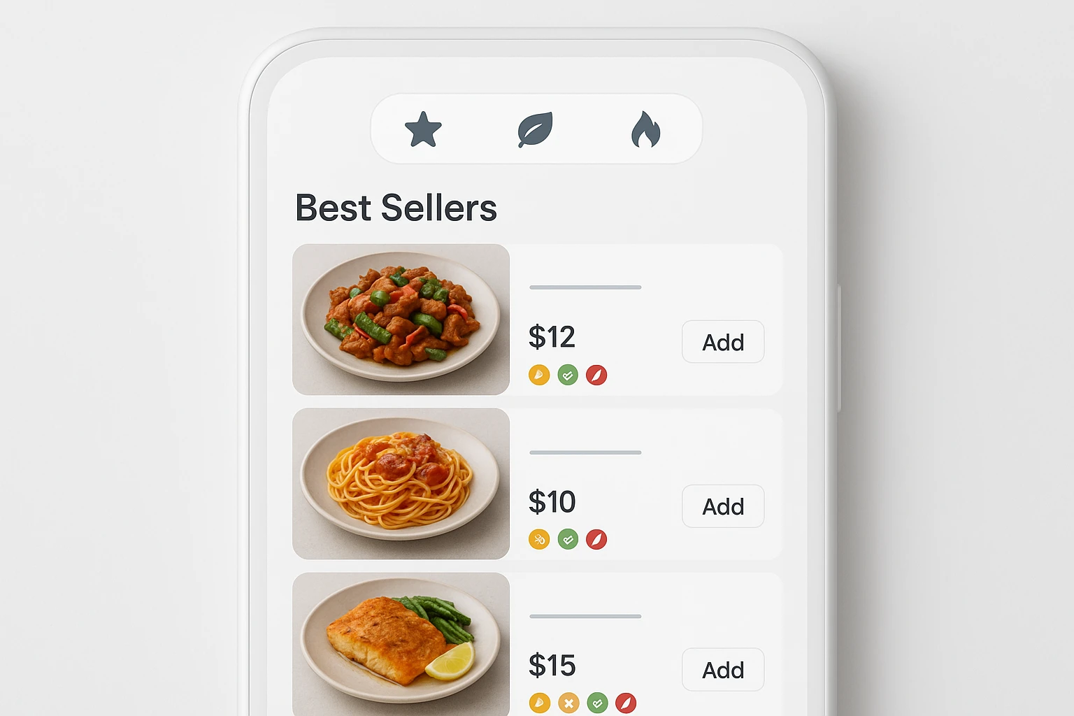 Mobile QR menu screen with sticky category chips, consistent dish thumbnails, and allergen tags.