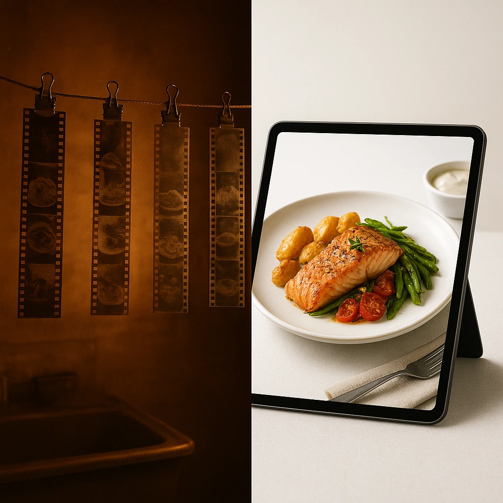 Split-screen comparison showing evolution of food photography from darkroom film prints to modern AI-generated digital images on tablet
