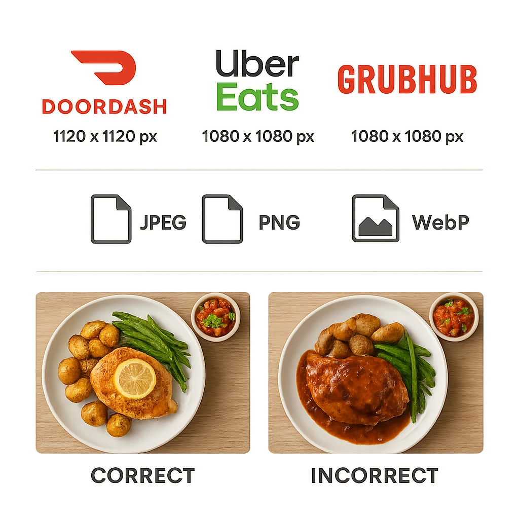 Infographic showing image specification requirements for major delivery apps with dimension examples and format icons