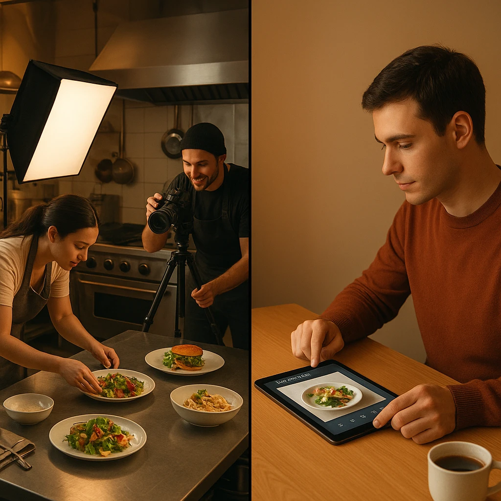 Side-by-side comparison showing traditional photoshoot setup with lights and crew versus single person using tablet with AI generation interface