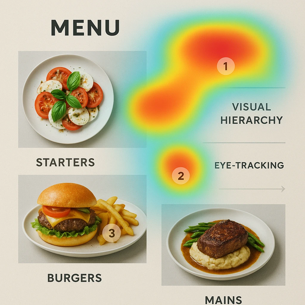 Restaurant menu showing strategic image placement with visual hierarchy diagram overlaying eye-tracking heatmap patterns