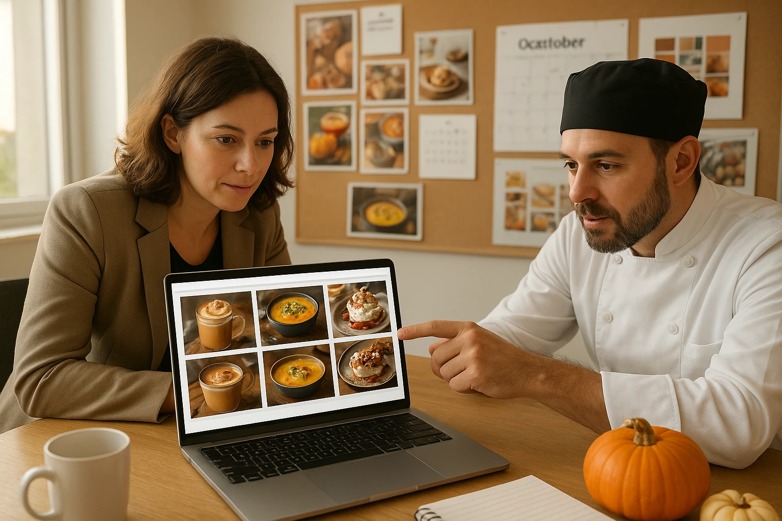 Restaurant team reviewing seasonal AI-generated food styling concepts on a laptop surrounded by printed seasonal campaign mockups.
