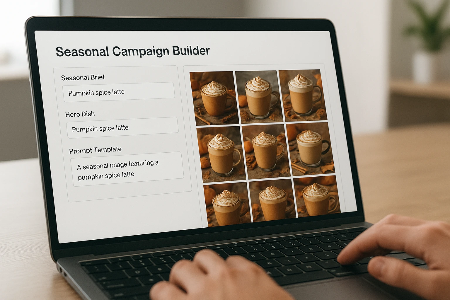 Screen close-up of a Yummify-style dashboard showing a structured seasonal AI food styling playbook with prompts and image variations for a pumpkin spice latte.