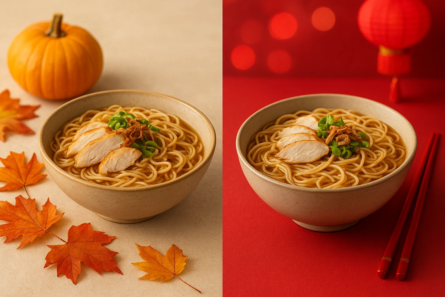 Side-by-side comparison of two seasonal food photo styles for the same dish showing different color palettes and props to appeal to different markets.