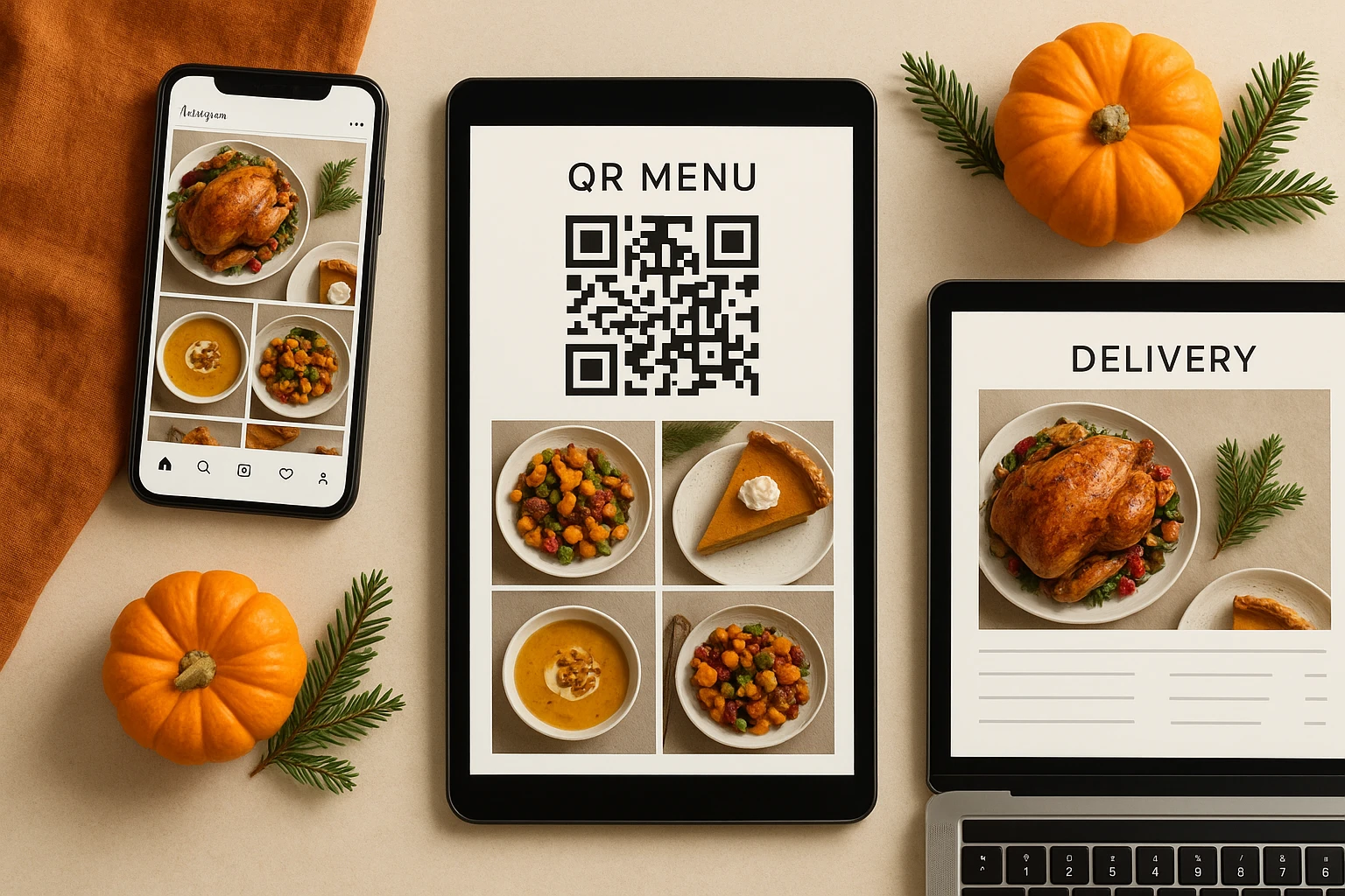 Collage of seasonal food images displayed across different channels including a smartphone social feed, a QR menu, and a delivery app screen.
