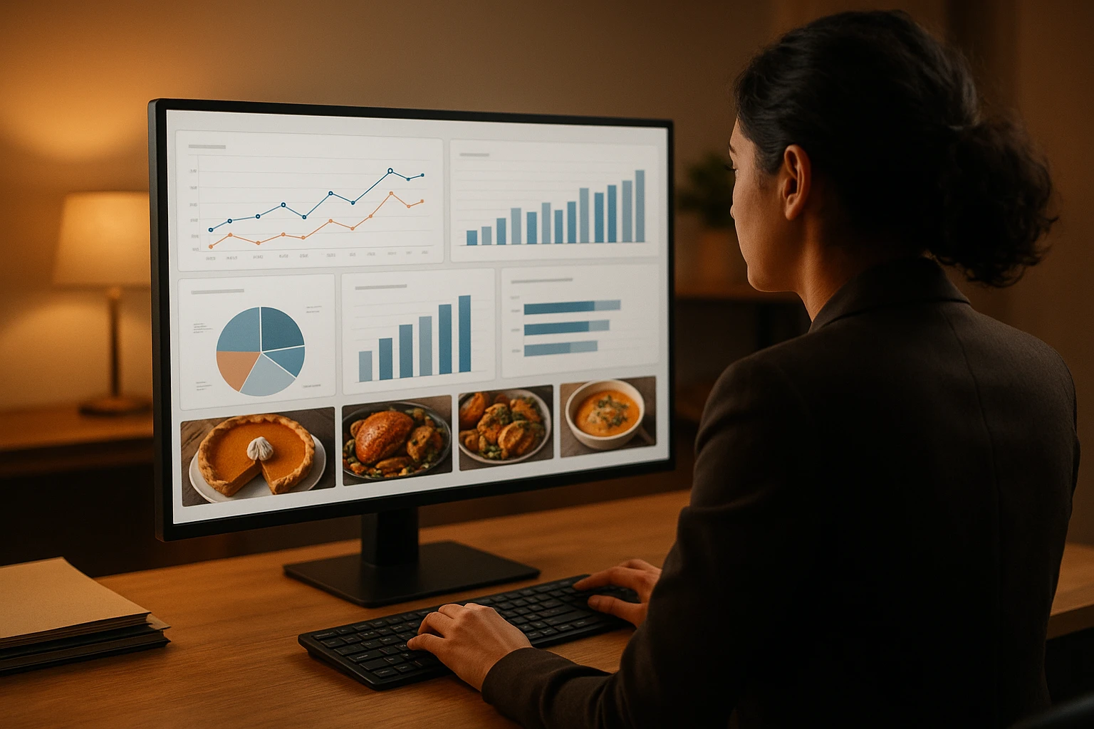 Restaurant manager reviewing a dashboard of seasonal campaign performance metrics alongside thumbnails of top-performing food images.