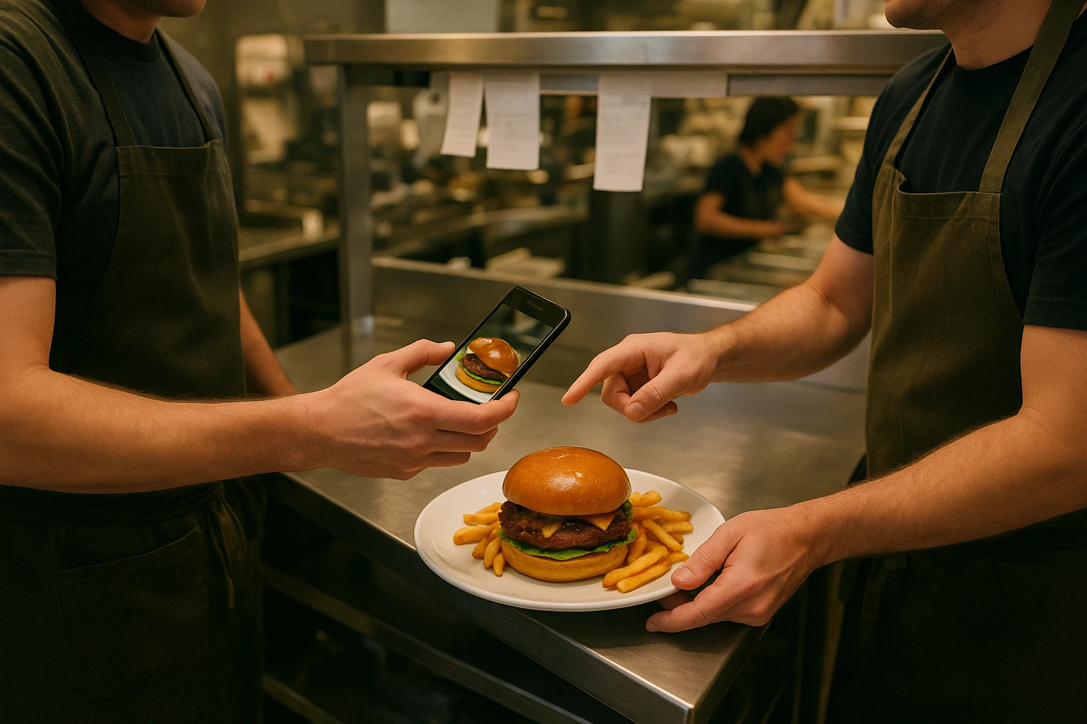 Restaurant shift lead coaching a line cook on taking a quick, well-lit food photo during a busy service.