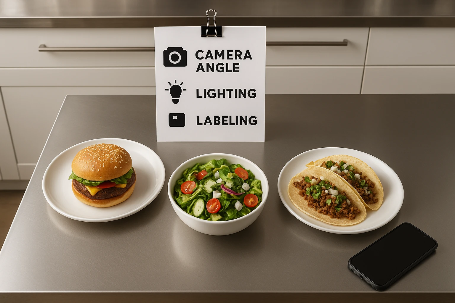 Overhead view of a small printed checklist taped near a restaurant expo line showing simple photo rules next to plated dishes.