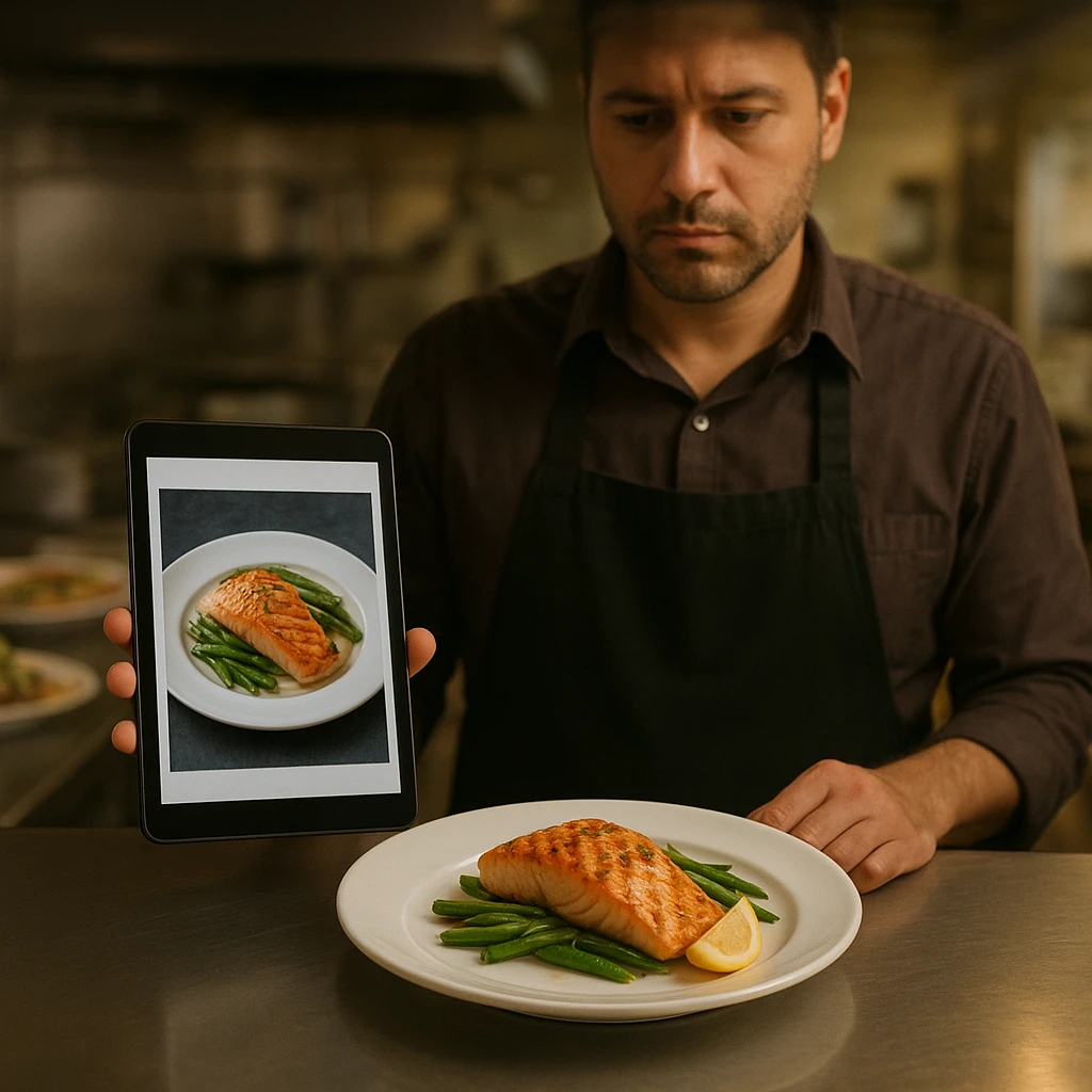 Restaurant manager performing a quick visual check comparing a printed food photo to the actual plated dish on the line.