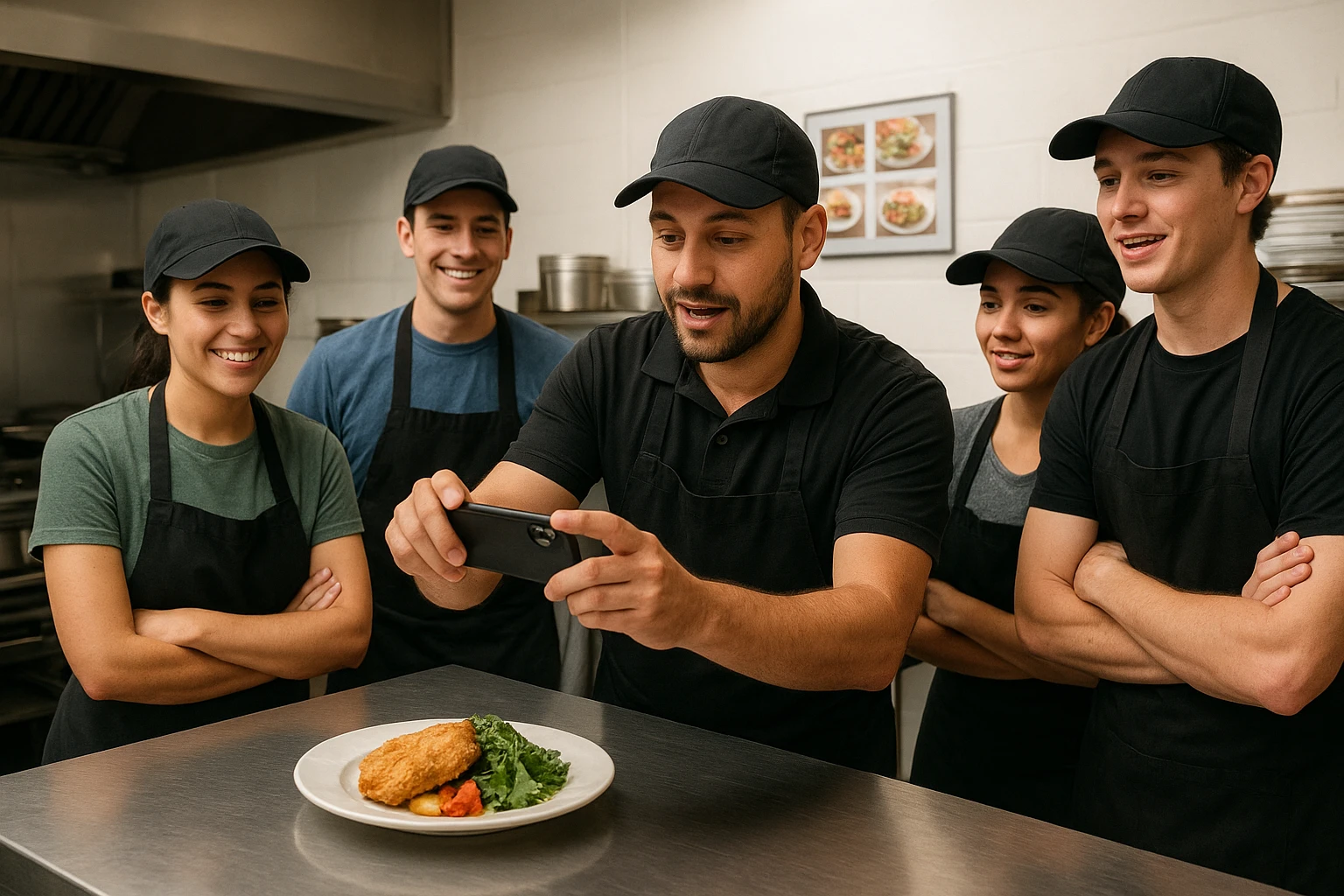 Shift huddle where a supervisor quickly demonstrates taking a standardized food photo to the kitchen team.