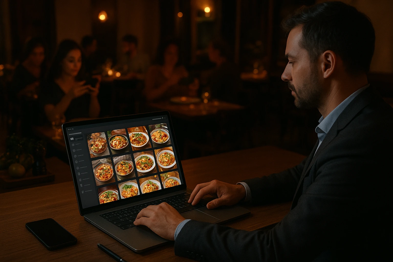 Collage of real customer food photos transforming into polished marketing images on a laptop screen in a busy restaurant office.