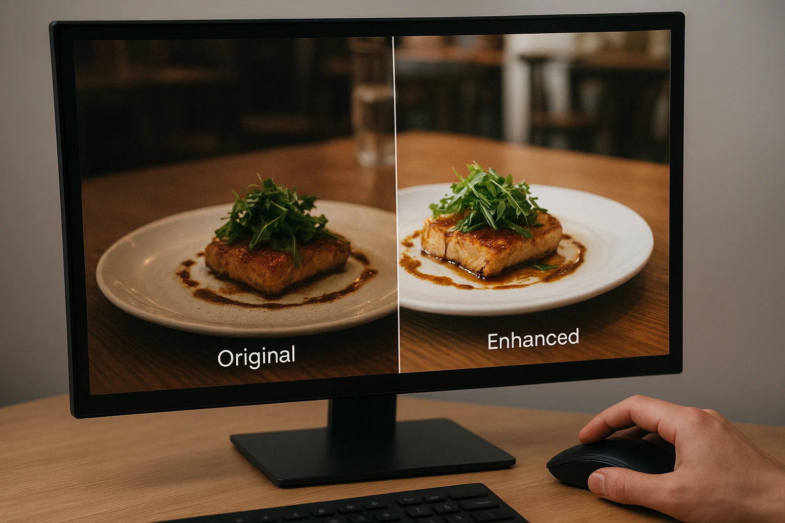 Side-by-side comparison of an original dim customer food photo and an AI-enhanced but realistic version on a computer screen.