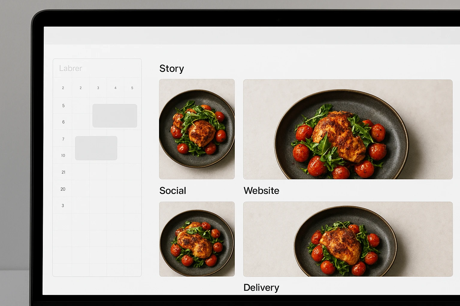 Grid of the same guest food photo adapted into different formats for social media, a website banner, and a delivery app menu.