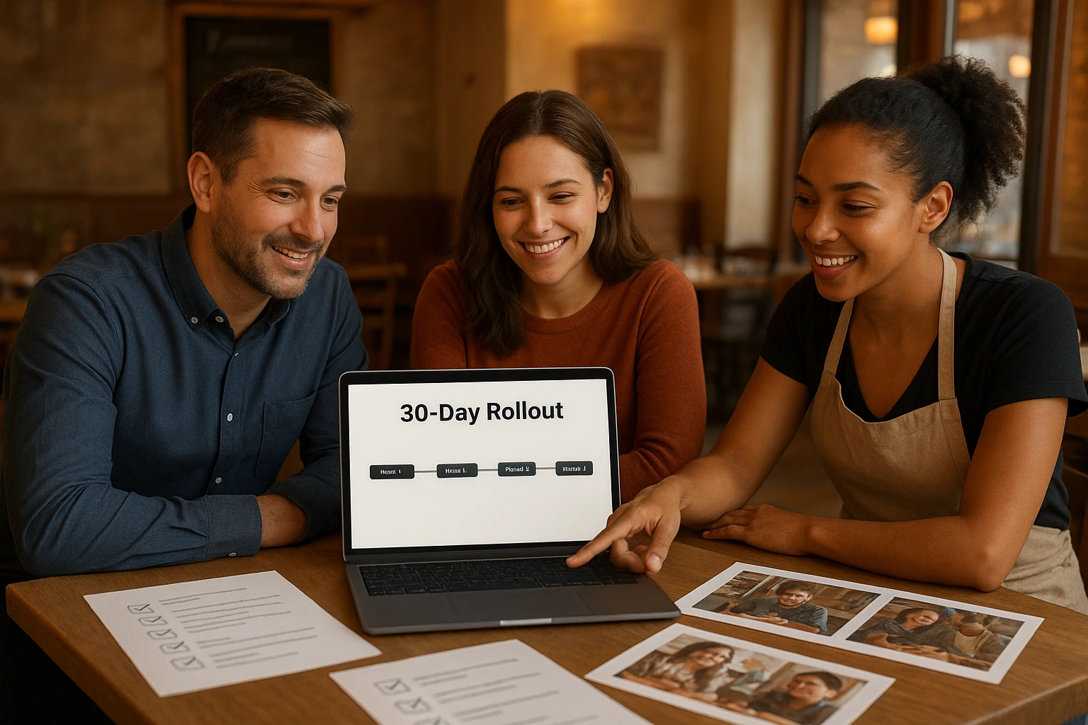 Restaurant leadership team gathered around a laptop reviewing a simple rollout plan for UGC and AI-enhanced photos.