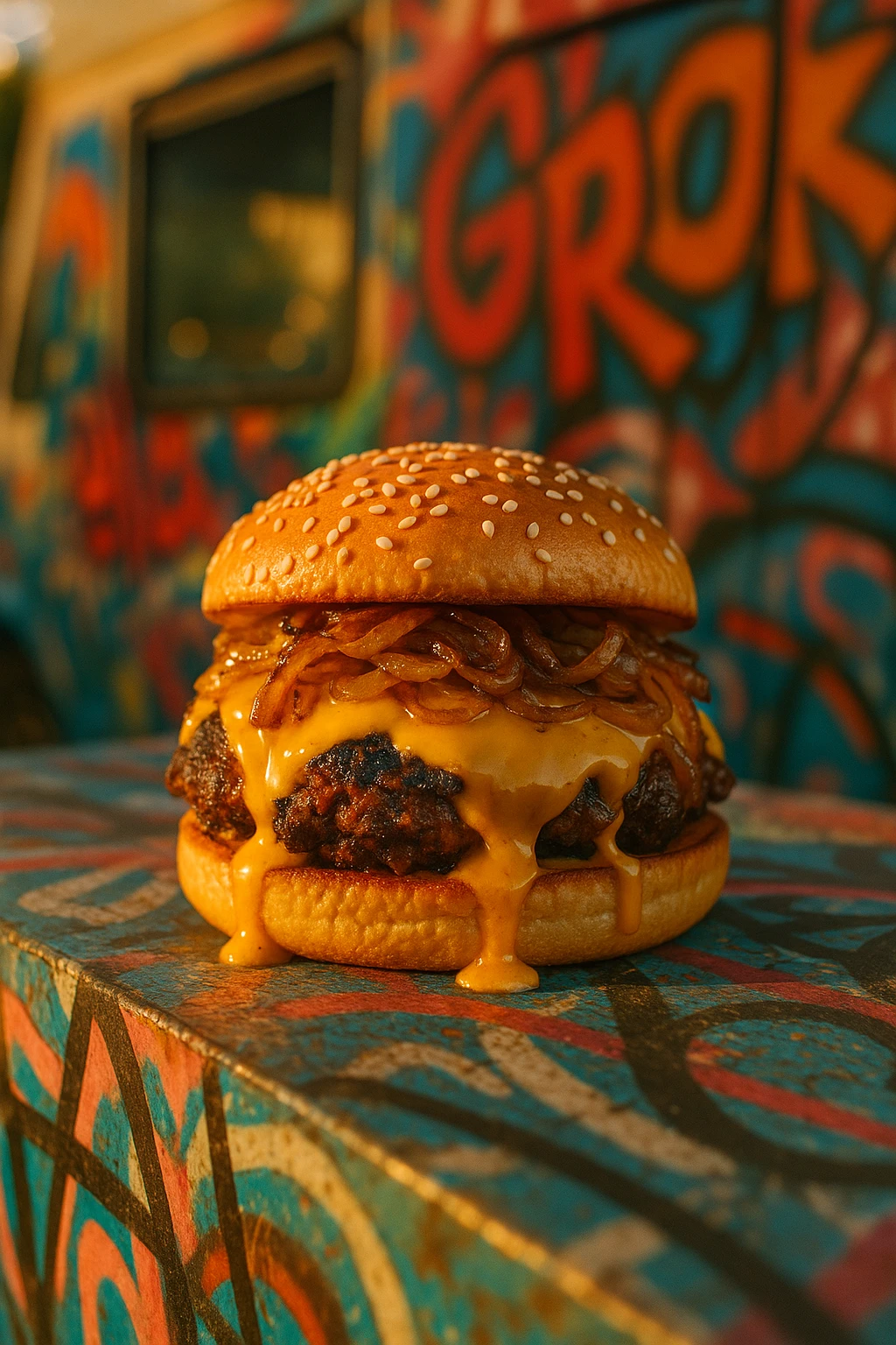 Ultra‑crispy smashed beef burger dripping with melted American cheese, piled with caramelized onions, served on a toasted sesame bun, shot at golden hour on a graffiti‑covered food‑truck counter — cinematic DSLR photo, shallow depth of field, vibrant colors.