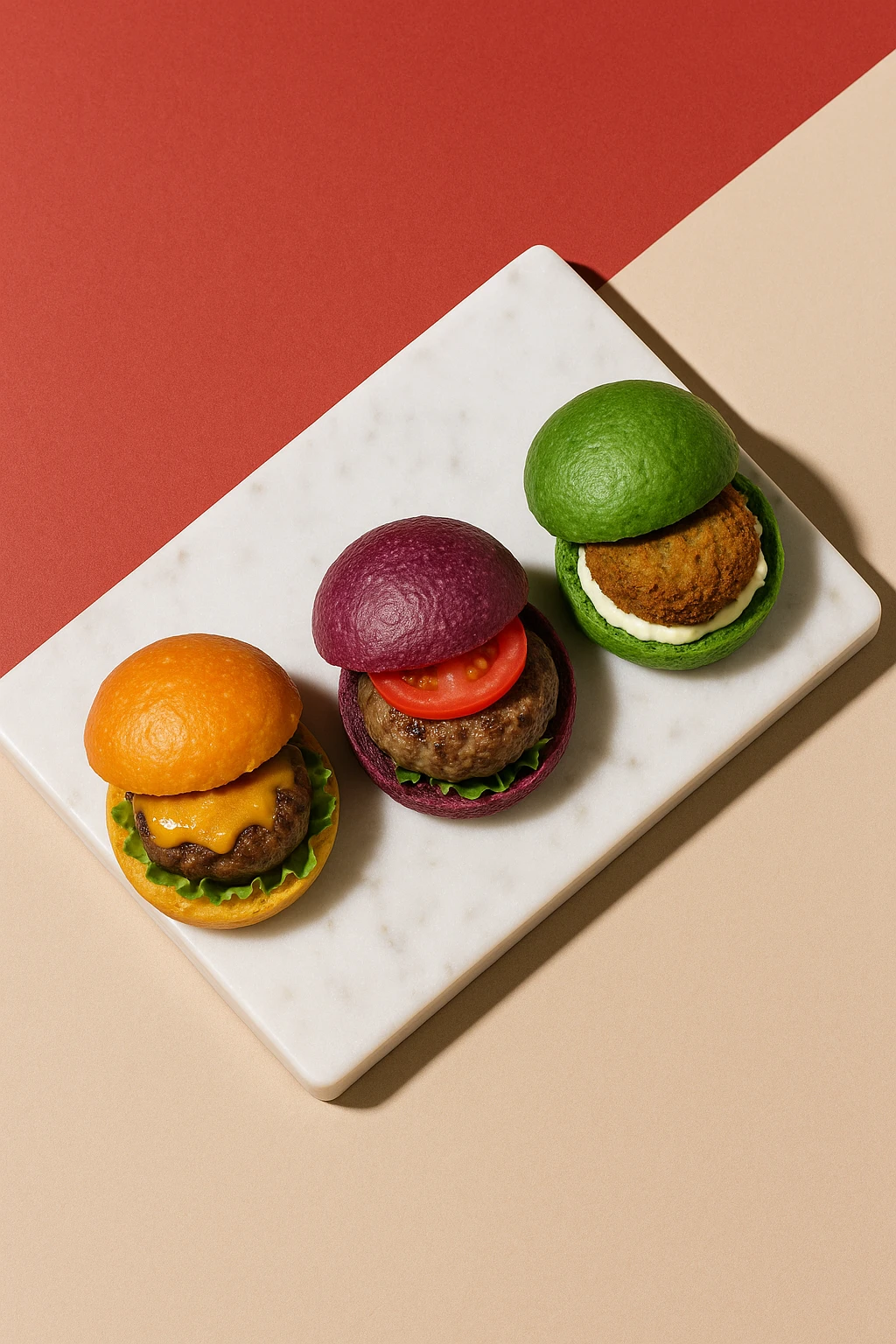 Mini slider trio — beef, lamb, and falafel — each on colored buns, artfully lined on a marble slab against a minimalist geometric backdrop — top‑down product photography with crisp studio strobes.