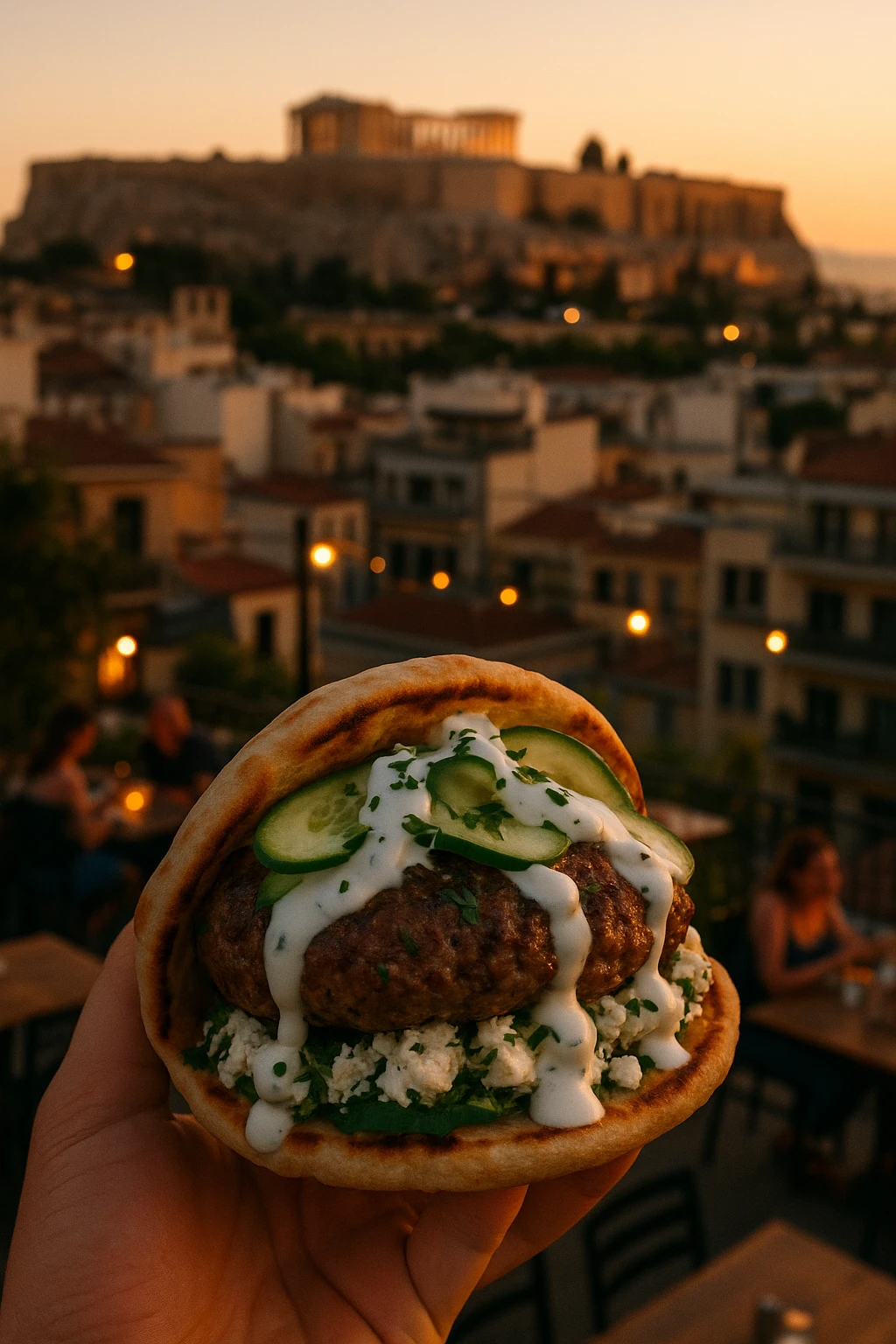 Greek lamb gyro-burger packed with herbed feta, tzatziki drizzle, and crisp cucumber, photographed at sunset on an Athens rooftop taverna overlooking the Acropolis — warm golden backlight, lively urban ambience, handheld 35 mm street-style.
