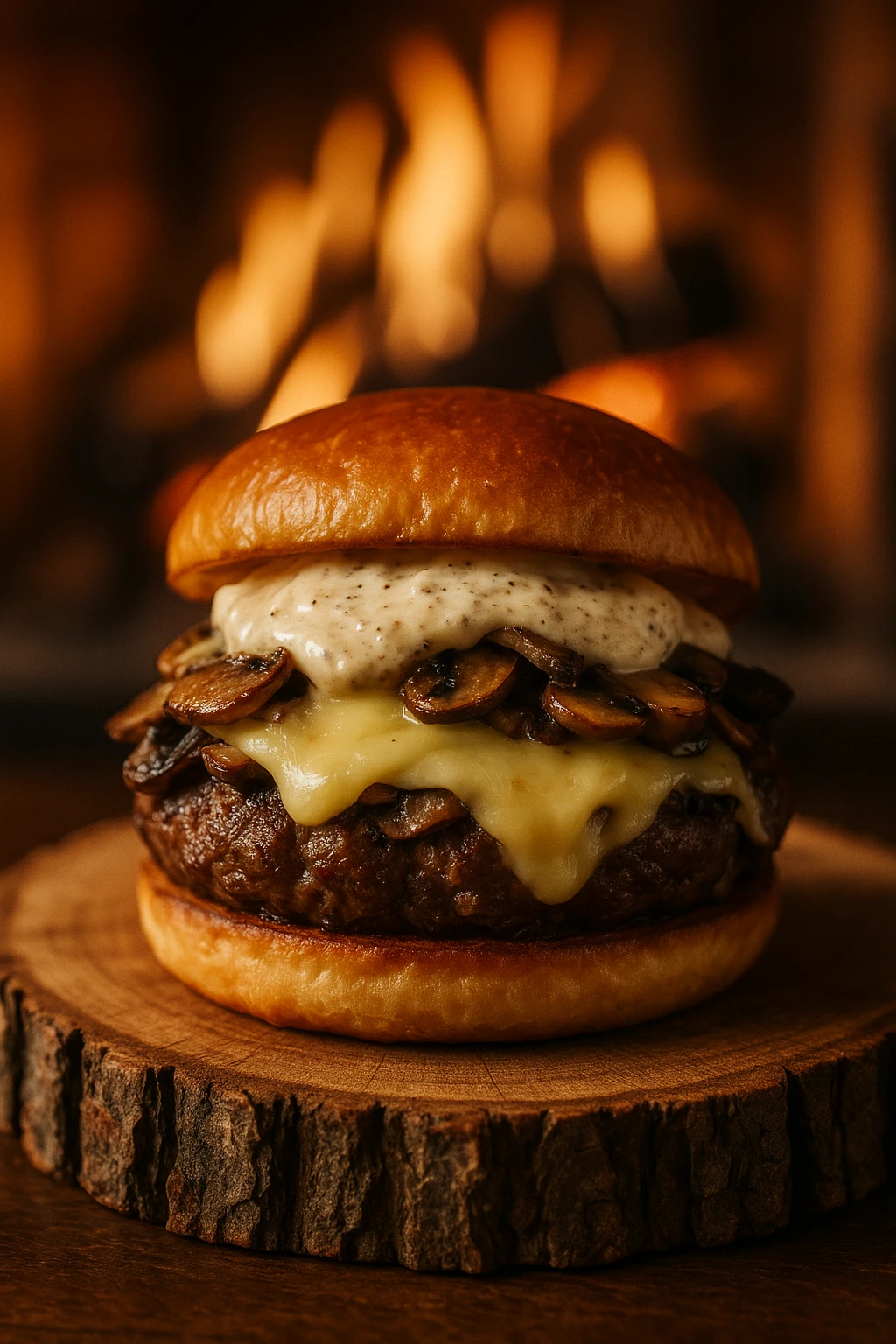 Forest-foraged venison mushroom-Swiss burger topped with melted gruyère and truffle mayo, plated on a log slice beside a crackling lodge fireplace — cozy winter chalet mood, soft tungsten glow, macro 85 mm texture focus.