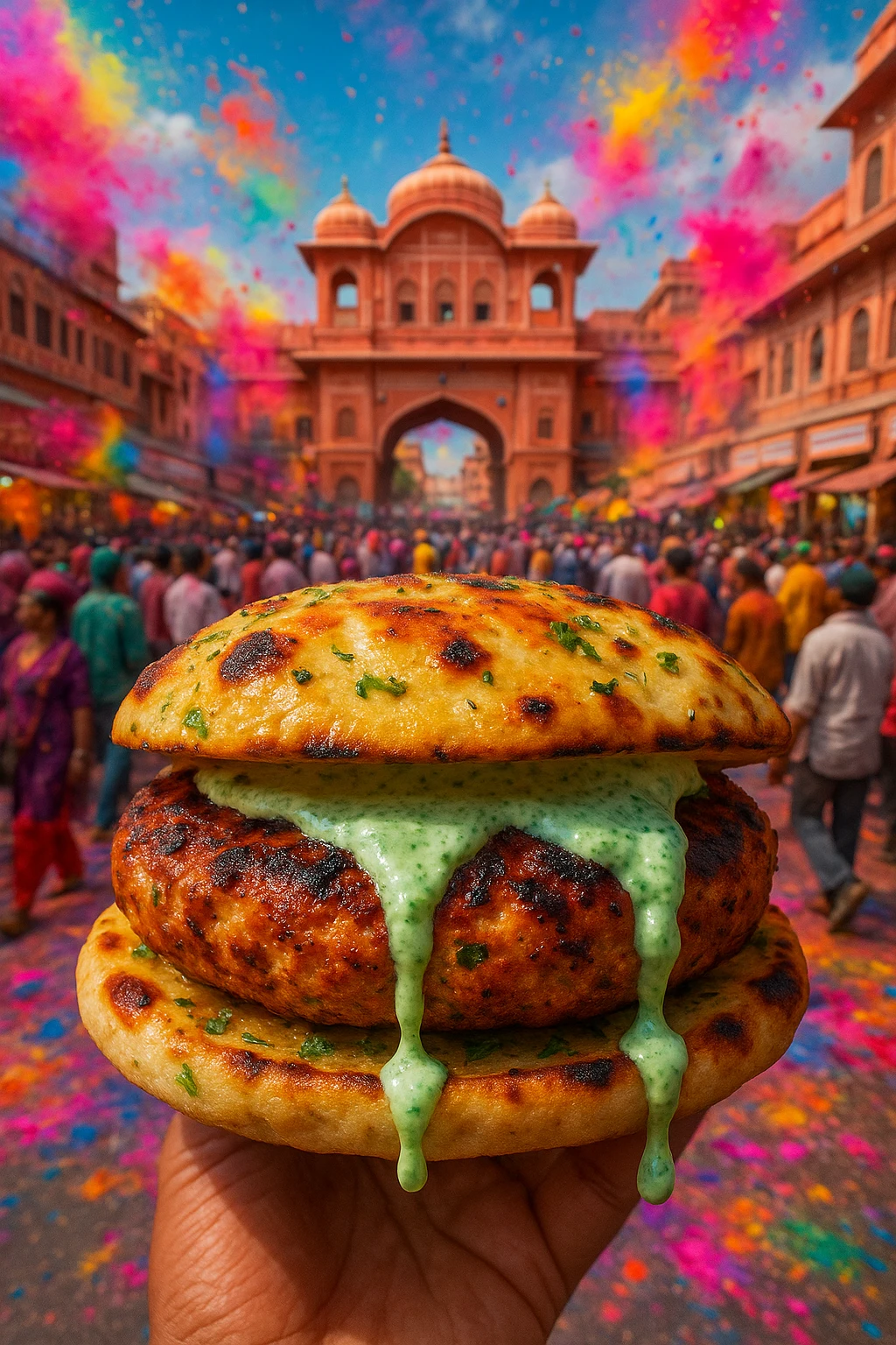 Tandoori-spiced turkey burger sandwiched between buttered garlic-naan, mint raita cascade, shot in the heart of a vibrant Jaipur bazaar — bold Holi-style color pops, dynamic crowd blur, wide-angle lens.