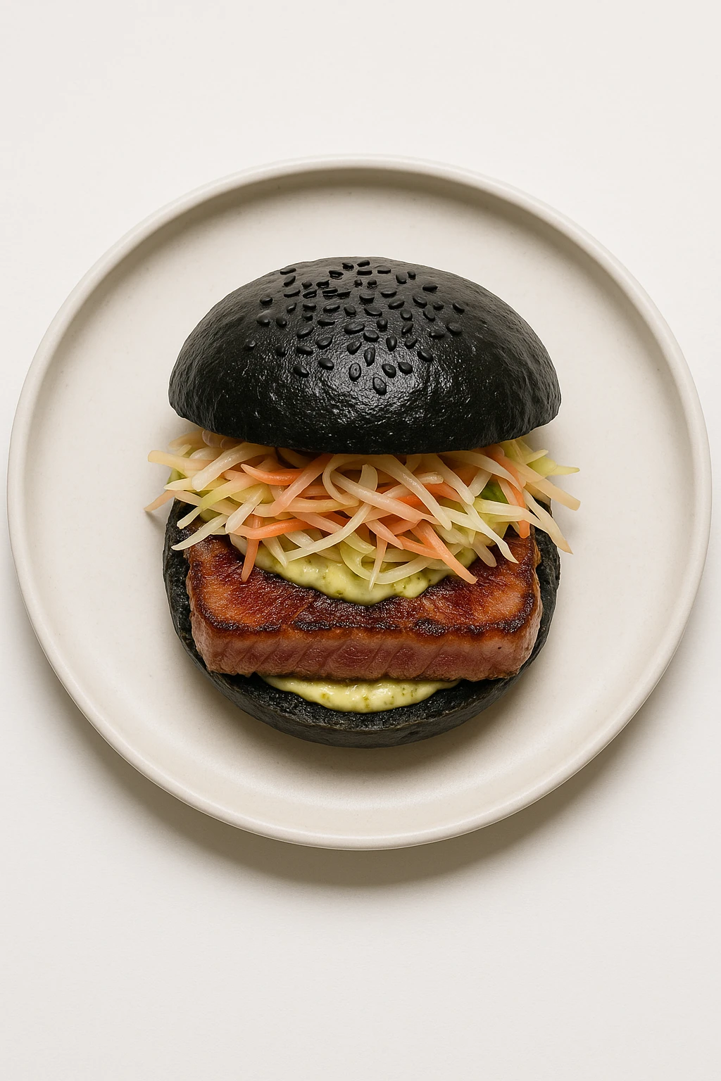 Smash-style tuna tataki burger with yuzu-kosho aioli and pickled ginger slaw on black-sesame milk bun, plated in a minimalist Tokyo omakase bar — top-down studio strobe, pristine white backdrop, high-resolution clarity.
