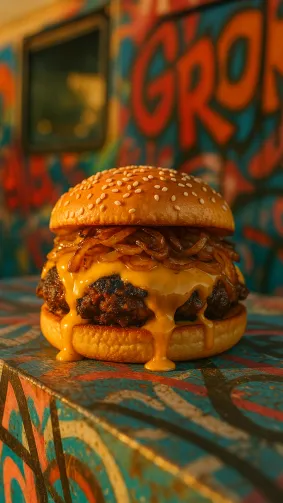 Ultra‑crispy smashed beef burger dripping with melted American cheese, piled with caramelized onions, served on a toasted sesame bun, shot at golden hour on a graffiti‑covered food‑truck counter — cinematic DSLR photo, shallow depth of field, vibrant colors.