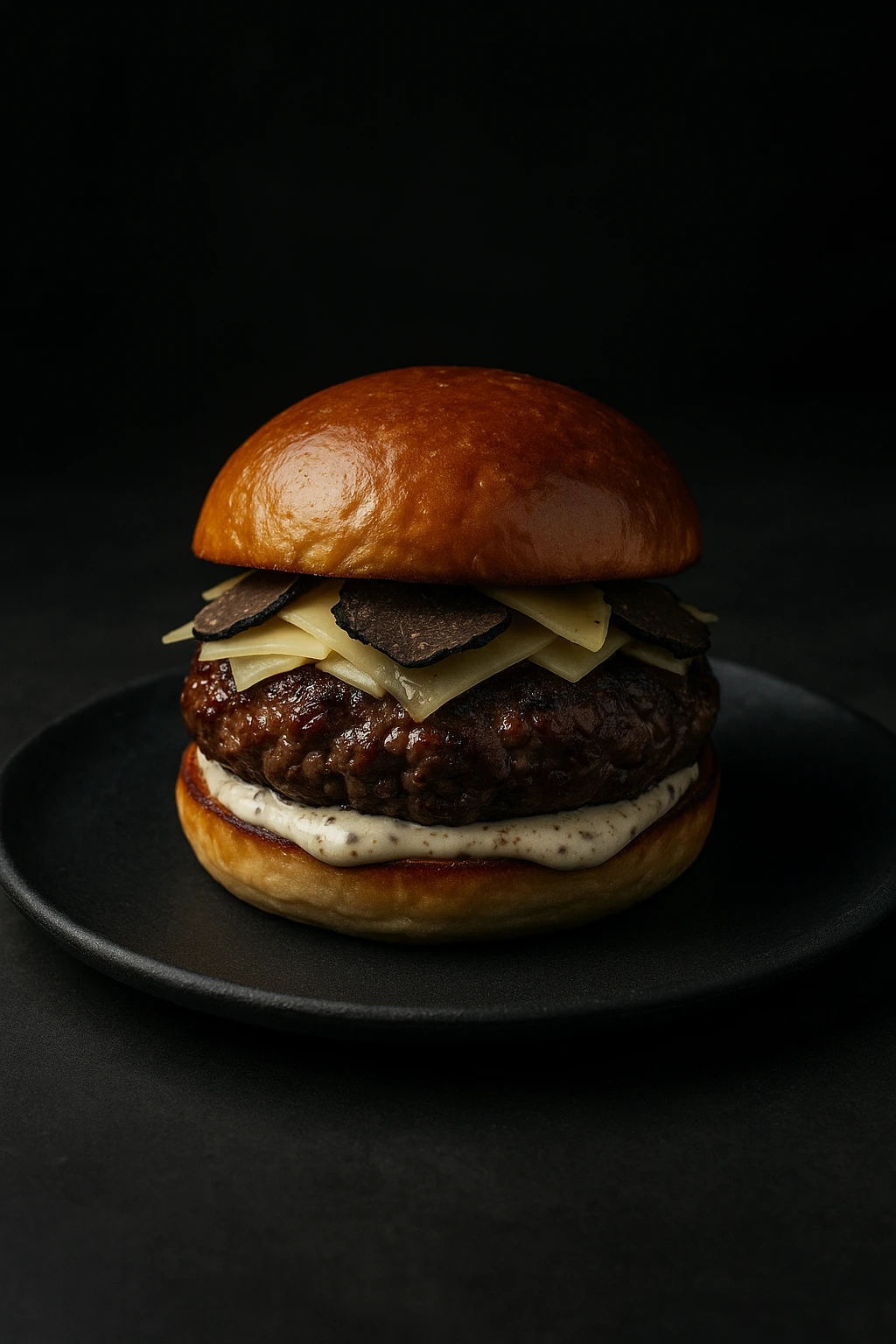 Juicy Wagyu beef burger topped with truffle aioli, shaved black truffle, and aged Gruyère, plated on matte‑black stone — Michelin‑star plating style, moody studio lighting, 50 mm lens with overhead softbox.