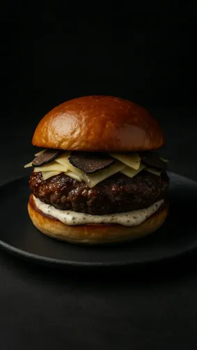 Juicy Wagyu beef burger topped with truffle aioli, shaved black truffle, and aged Gruyère, plated on matte‑black stone — Michelin‑star plating style, moody studio lighting, 50 mm lens with overhead softbox.