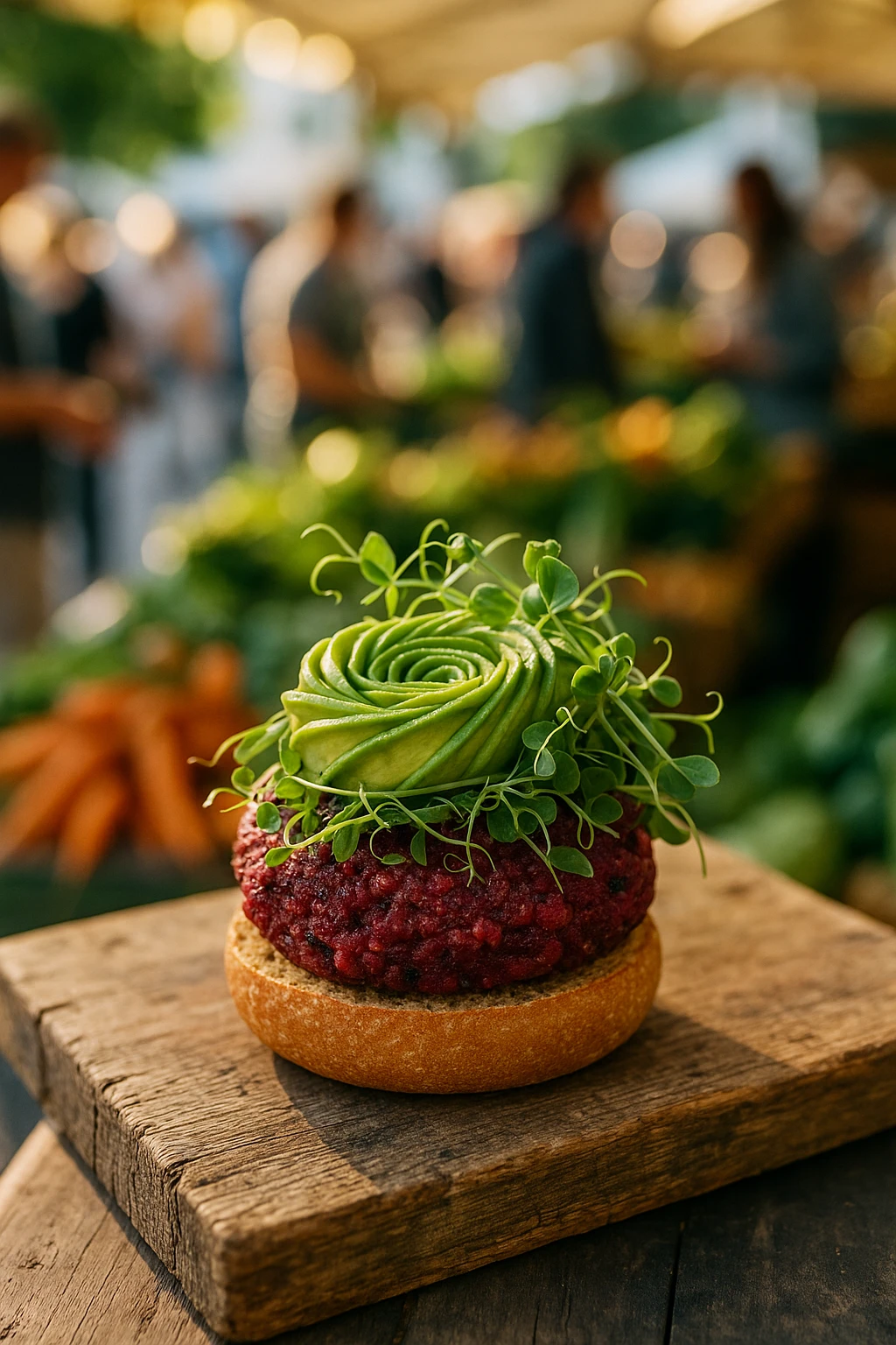 Plant‑based beetroot‑quinoa burger with an avocado rose and micro‑greens, resting on a weathered wooden board at a bustling farmers‑market stall — natural backlighting, candid lifestyle vibe.